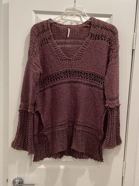V-Neck Open Knit Sweater - Plum